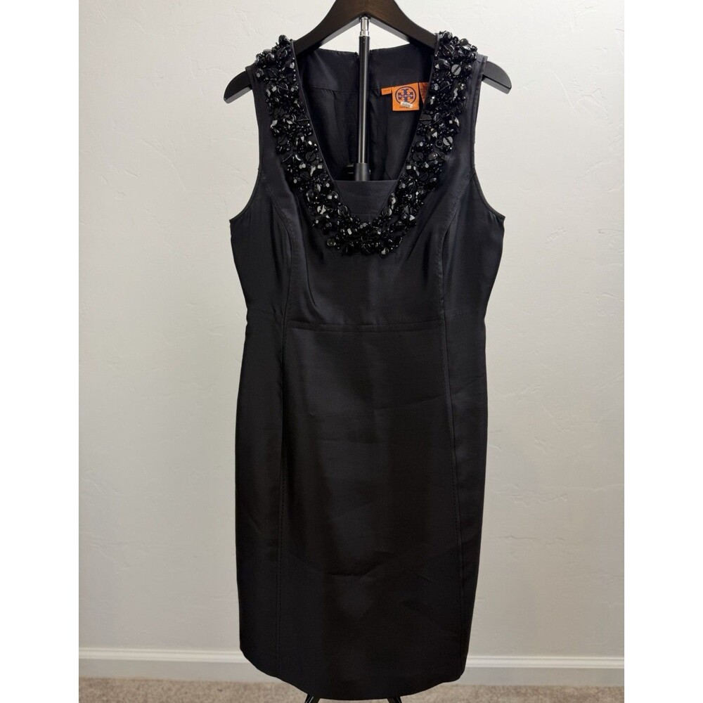 Tory Burch Dress Wedding Guest Womens 10 Black Beaded Sheath Cocktail Elegant